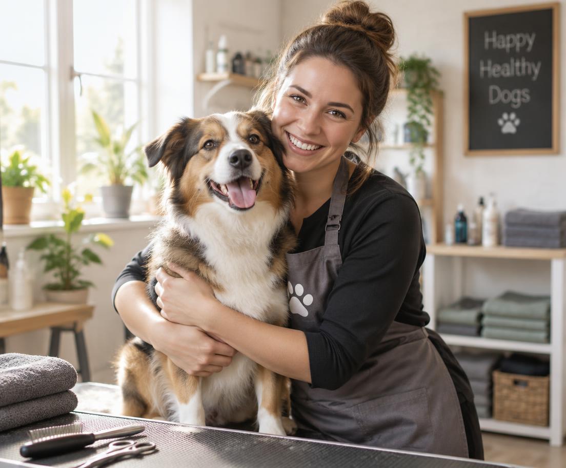 Mia, the groomer, hugging a happy dog in her studio